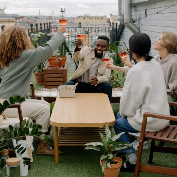 four people saying cheers with wine glasses on a rooftop