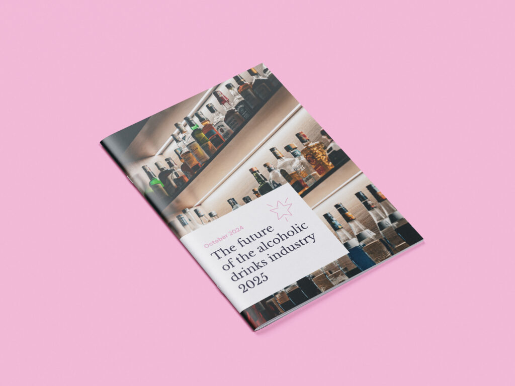 Mock-up of a printed report titled 'The Future of the Alcoholic Drinks Industry 2025.