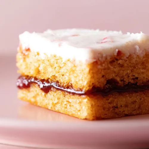 close up of a raspberry ripple cake